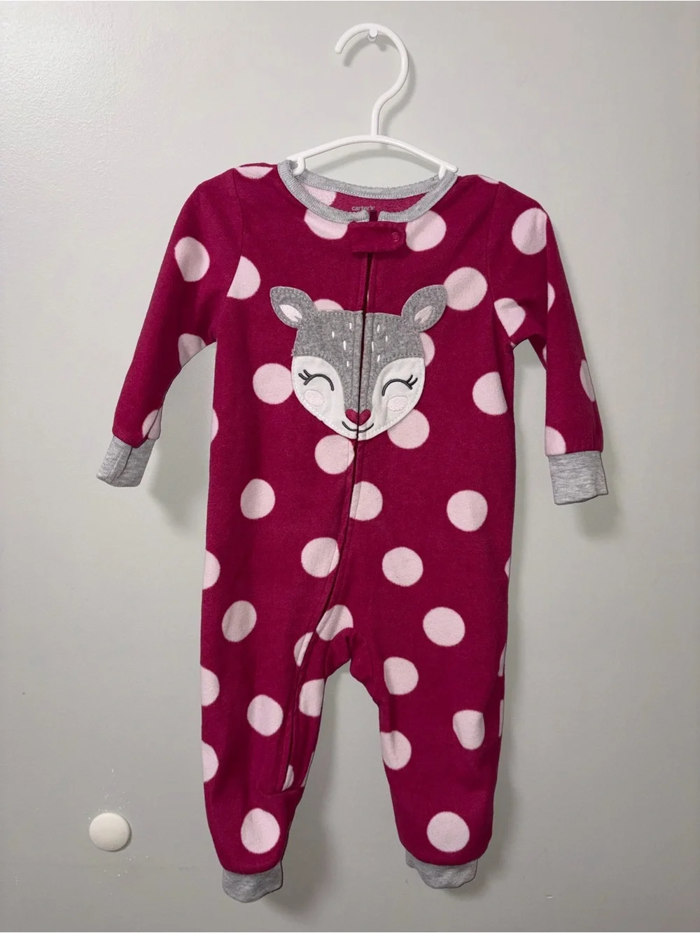 Carters Burgundy Pink Polka Dot Fleece Embroidered Deer Zip Footless Sleeper 18M